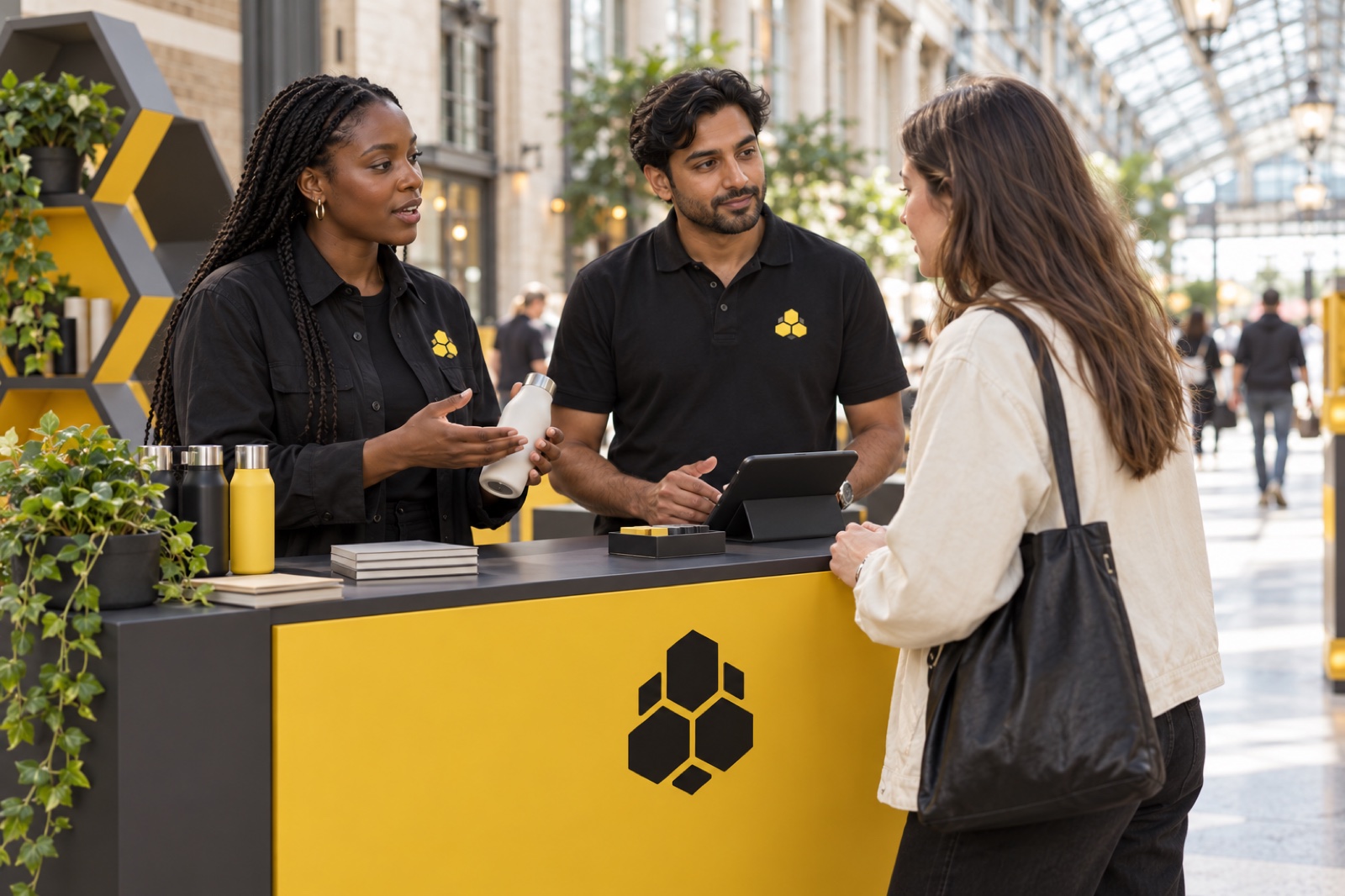 Hive brand ambassadors sharing a product with a visitor at a black and yellow pop-up stand.