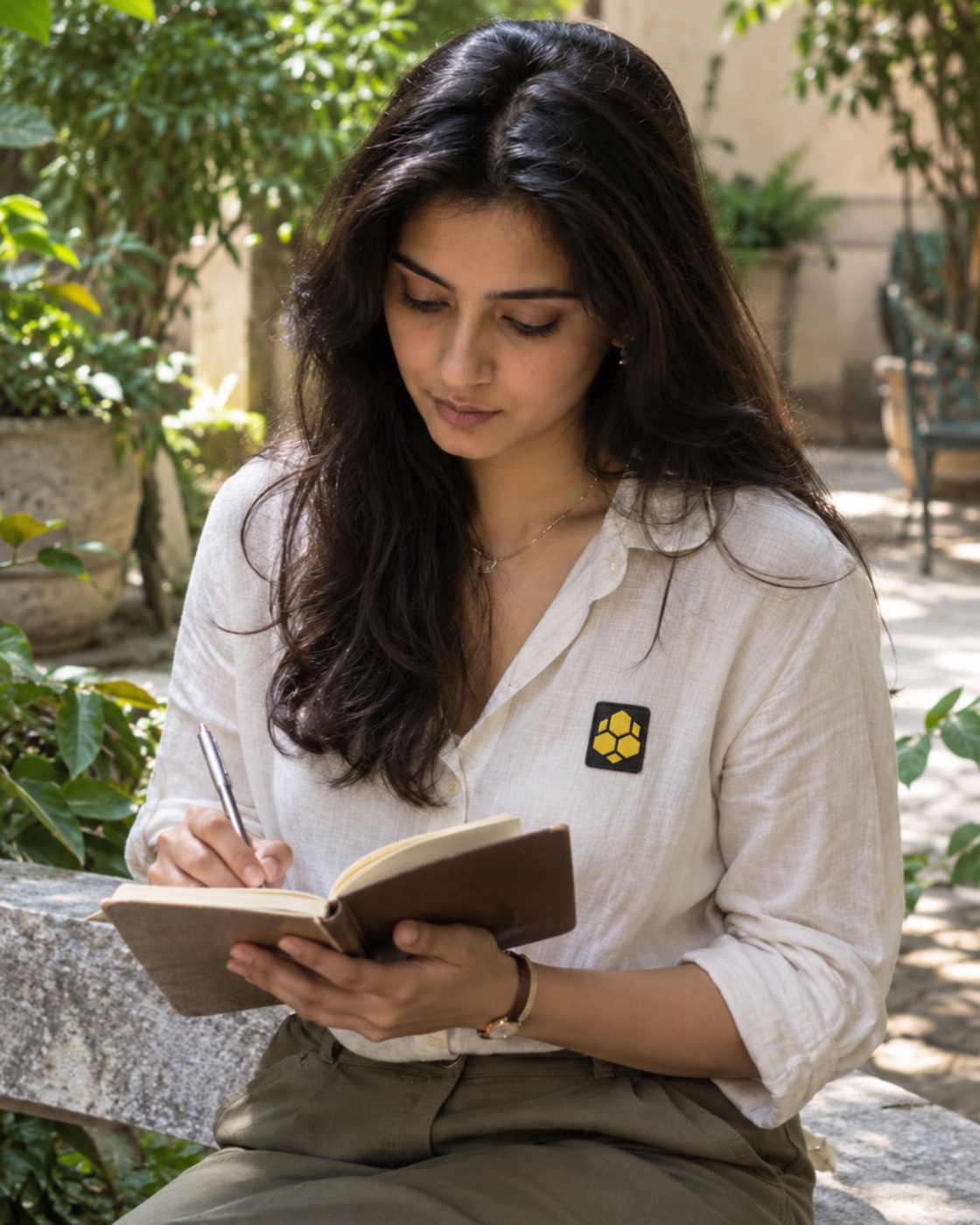 Woman in a cream blouse looking down at a notebook in a leafy courtyard.